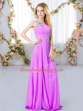 Lilac Chiffon Zipper One Shoulder Sleeveless Floor Length Vestidos de Damas Beading