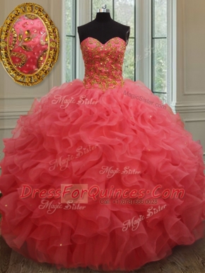 Floor Length Lace Up Sweet 16 Dresses Coral Red for Military Ball and Sweet 16 and Quinceanera with Beading and Ruffles