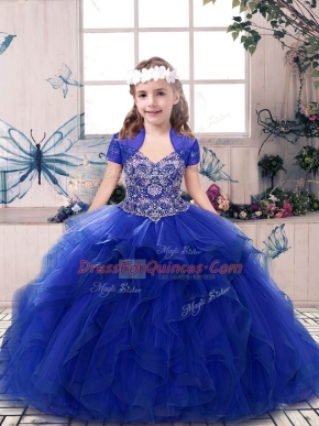 New Style Floor Length Lace Up Pageant Gowns For Girls Royal Blue for Party and Sweet 16 and Wedding Party with Beading and Ruffles