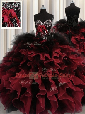 Chic Red And Black Lace Up Quince Ball Gowns Beading and Ruffles Sleeveless Floor Length