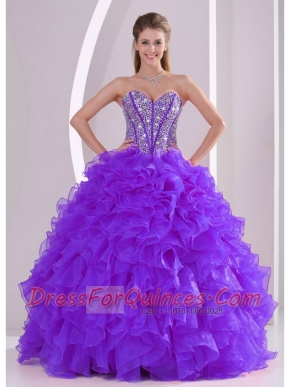 Classical Purple Ball Gown With Sweetheart Ruffles and Beading Lace Up For Quinceanera Dresses
