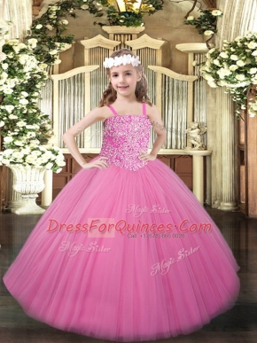 Ball Gowns Little Girl Pageant Dress Rose Pink Straps Tulle Sleeveless Floor Length Lace Up
