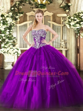 High Quality Purple Ball Gowns Tulle Strapless Sleeveless Beading Floor Length Lace Up Vestidos de Quinceanera