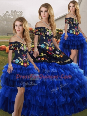 Flirting Sleeveless Organza Floor Length Lace Up Sweet 16 Quinceanera Dress in Blue And Black with Embroidery and Ruffled Layers