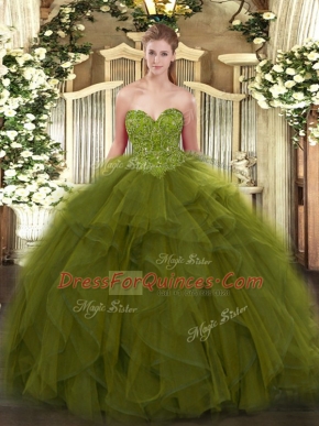 Floor Length Lace Up Quinceanera Gowns Olive Green for Military Ball and Sweet 16 and Quinceanera with Beading
