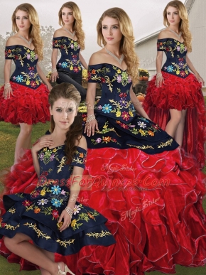 Superior Red And Black Sleeveless Floor Length Embroidery and Ruffles Lace Up Vestidos de Quinceanera