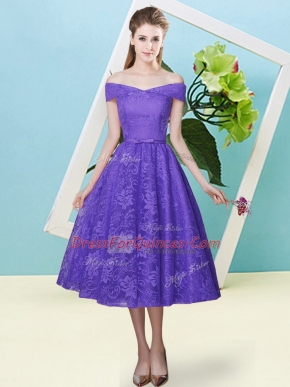 Lavender Lace Lace Up Off The Shoulder Cap Sleeves Tea Length Damas Dress Bowknot