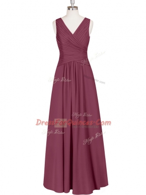 Burgundy Zipper Prom Dress Ruching Sleeveless Floor Length