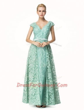 V-neck Cap Sleeves Lace Prom Dresses Pleated Zipper
