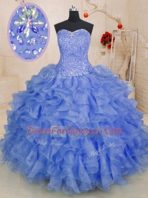 Blue Ball Gowns Sweetheart Sleeveless Organza Floor Length Lace Up Beading and Ruffles Sweet 16 Dresses
