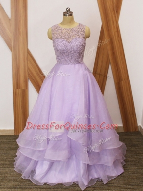 Sleeveless Organza Brush Train Zipper Prom Dress in Lavender with Beading and Ruffles