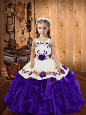 Elegant Purple Ball Gowns Embroidery and Ruffles Little Girl Pageant Gowns Lace Up Organza Sleeveless Floor Length