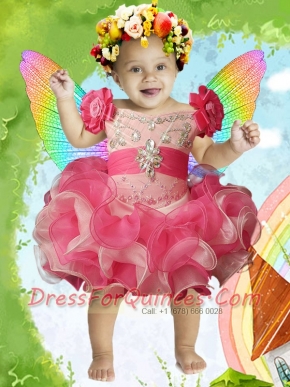 Cute Off the Shoulder Beading Short Little Girl Dress in Coral Red