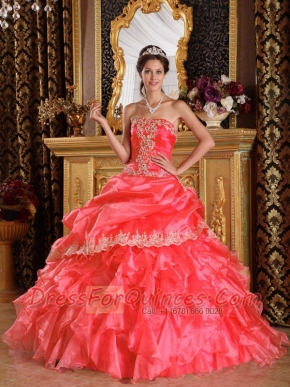 Elegant Watermelon Ball Gown Strapless Floor-length Organza Quinceanera Dress