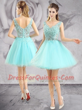 Sleeveless Tulle Mini Length Zipper Prom Evening Gown in Aqua Blue with Appliques