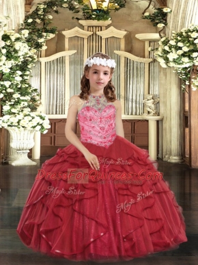 Red Little Girls Pageant Dress Party and Sweet 16 and Wedding Party with Beading and Ruffles Halter Top Sleeveless Lace Up