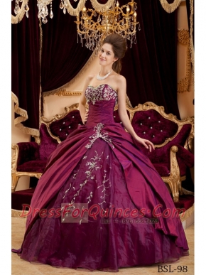 Burgundy Taffeta and Tulle Appliques Sweetheart Ball Gown Dress with Beading and Ruching