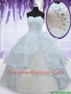 2017 Pretty Light Blue Organza Quinceanera Dress with Appliques and Ruffled Layers