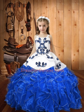 Custom Designed Embroidery and Ruffles Little Girl Pageant Dress Blue Lace Up Sleeveless Floor Length