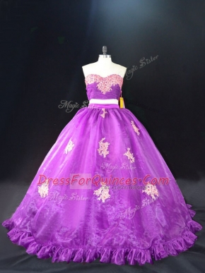 Purple Ball Gowns Sweetheart Sleeveless Organza Brush Train Zipper Appliques Sweet 16 Dresses