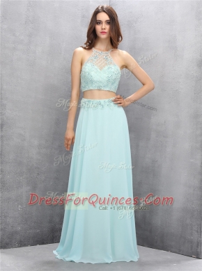 Halter Top Light Blue Sleeveless Chiffon Zipper Prom Dress for Prom