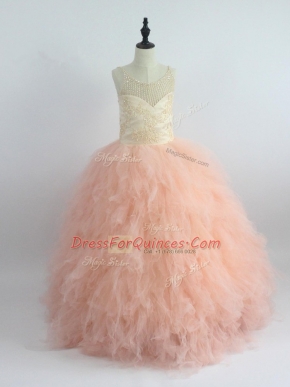 Lovely Ball Gowns Kids Pageant Dress Peach Scoop Tulle Sleeveless Floor Length Zipper