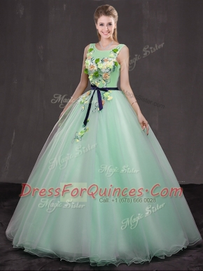 Scoop Floor Length Ball Gowns Sleeveless Apple Green Vestidos de Quinceanera Lace Up