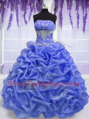 New Style Blue Organza Lace Up Strapless Sleeveless Floor Length Sweet 16 Quinceanera Dress Beading and Pick Ups