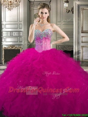 Pretty Beaded and Ruffled Tulle Sweet 16 Dress in Fuchsia