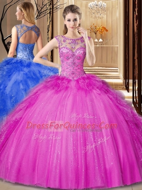 Scoop Floor Length Ball Gowns Sleeveless Hot Pink 15th Birthday Dress Lace Up