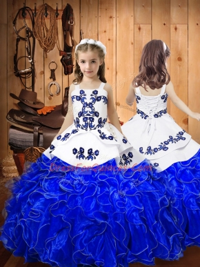 Perfect Sleeveless Floor Length Embroidery and Ruffles Lace Up Custom Made Pageant Dress with Royal Blue