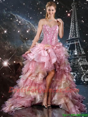 Informal High Low Beaded Multi Color Prom Dresses with Ruffles