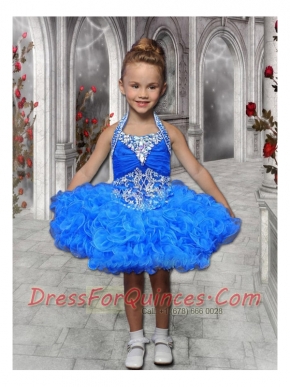 Fashionable Beading and Ruffles Halter 2014 Little Girl Dress in Royal Blue