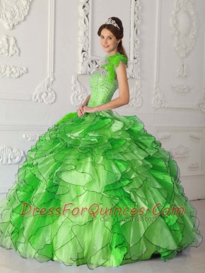 New Styles In Green Ball Gown Strapless With Satin and Organza Beading Quinceanera Dress
