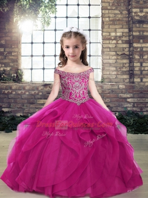 Fuchsia Little Girl Pageant Gowns Party and Wedding Party with Beading and Ruffles Off The Shoulder Sleeveless Lace Up