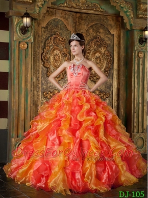 Strapless 2014 Spring Quinceanera Dresses Orange Red  Beadings and Ruffles Organza Ball Gown