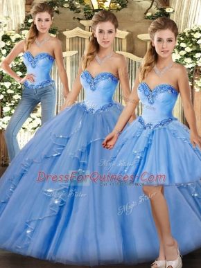 Flirting Organza Sweetheart Sleeveless Lace Up Beading and Ruffles Quinceanera Gowns in Baby Blue
