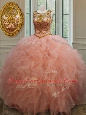 See Through Scoop Sleeveless Tulle Ball Gown Prom Dress Beading and Ruffles Lace Up