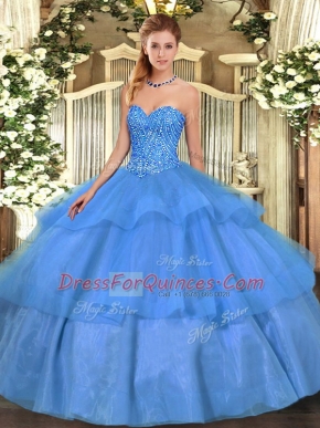 Ideal Baby Blue Vestidos de Quinceanera Military Ball and Sweet 16 and Quinceanera with Beading and Ruffled Layers Sweetheart Sleeveless Lace Up