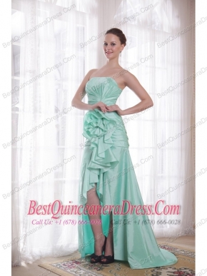 Apple Green A-line / Princess Strapless High-low Taffeta Hand Flower Prom Dress