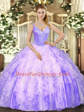 Lavender Tulle Lace Up V-neck Sleeveless Floor Length Quinceanera Dresses Beading and Ruffles