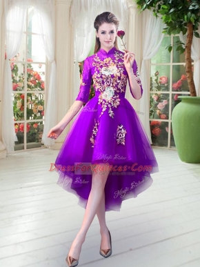 Purple Half Sleeves Appliques High Low Prom Dresses
