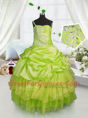 Fine One Shoulder Satin and Tulle Sleeveless Floor Length Little Girl Pageant Dress and Beading and Ruffled Layers and Pick Ups