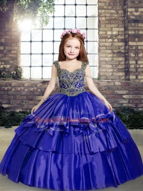 Straps Sleeveless Lace Up Little Girls Pageant Dress Wholesale Blue Taffeta