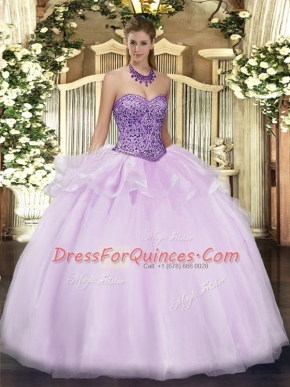 Floor Length Zipper Quinceanera Gowns Lavender for Military Ball and Sweet 16 and Quinceanera with Beading and Ruffles
