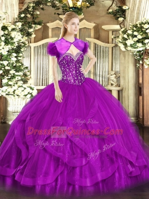 Ball Gowns 15 Quinceanera Dress Fuchsia Sweetheart Tulle Sleeveless Floor Length Lace Up