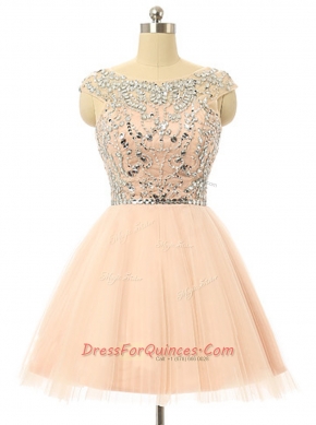 Customized Scoop Sleeveless Dress for Prom Knee Length Beading and Sequins Peach Tulle