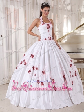 White Ball Gown Halter Floor-length Taffeta Embroidery Quinceanera Dress
