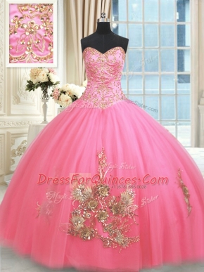 Rose Pink Sleeveless Floor Length Beading and Appliques and Embroidery Lace Up Ball Gown Prom Dress