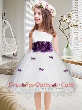 A-Line knee-length Flower Girl Dress with Hand Made Flowers and Bowknot